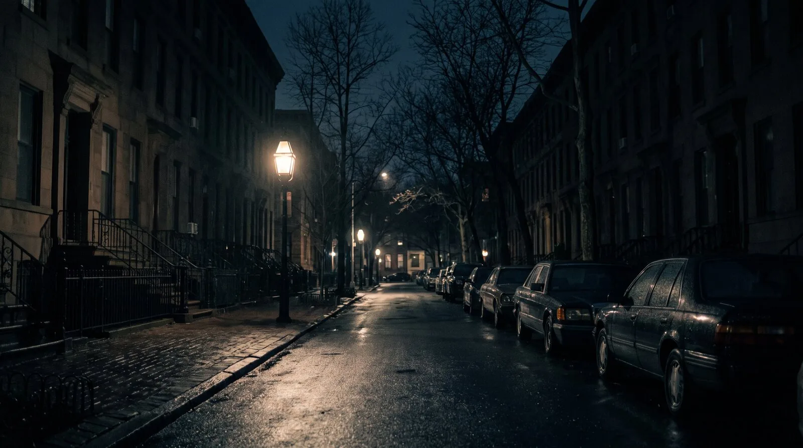 A row of brownstones on a New York street at night