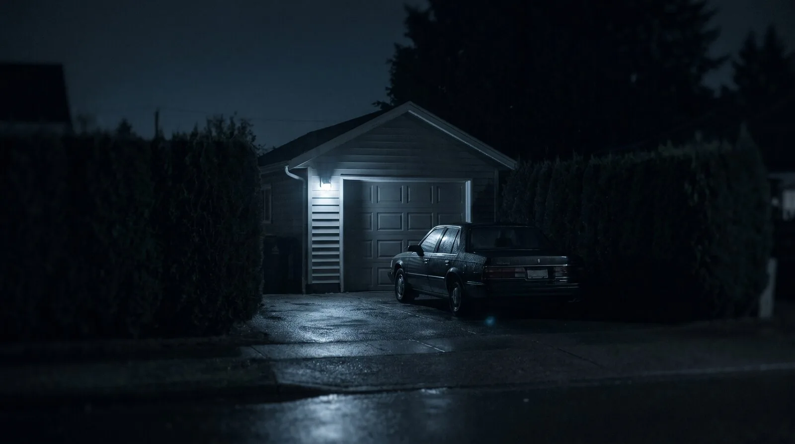 A car parked in a suburban driveway at night