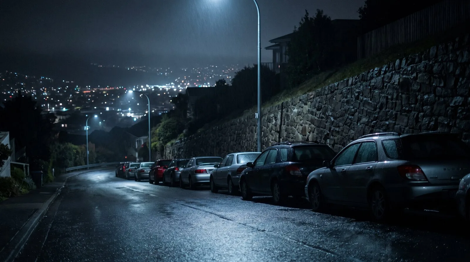 Cars parked along a sloping street