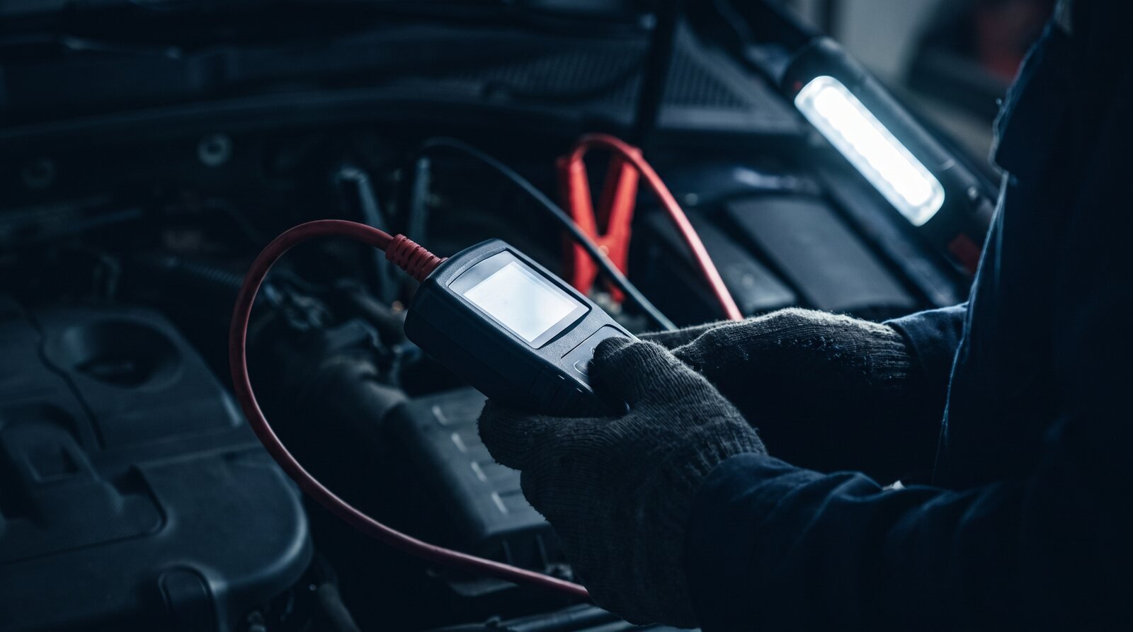 A technician holding a handheld battery tester at an engine bay.