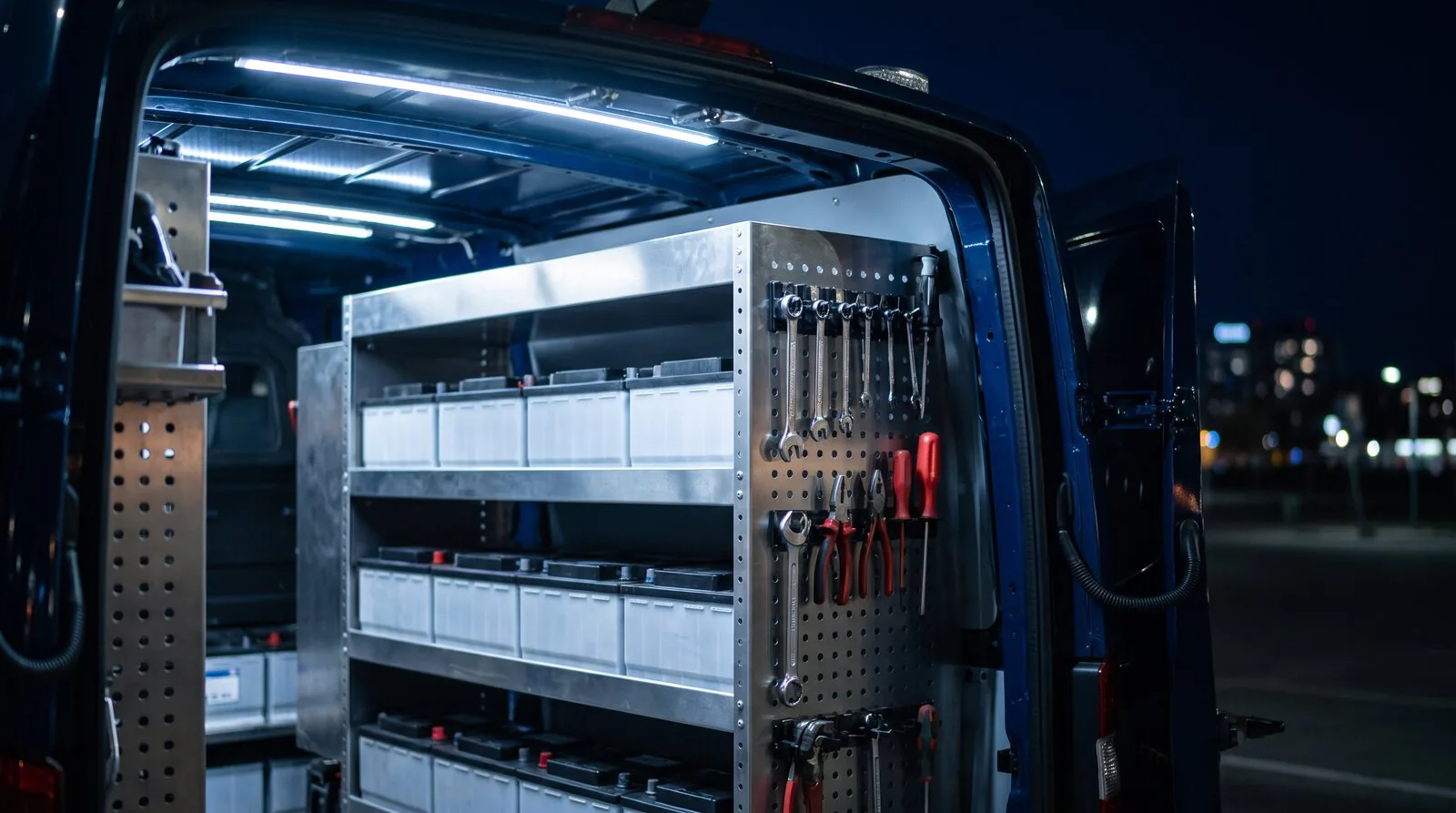 Car batteries stocked on racking inside a service van